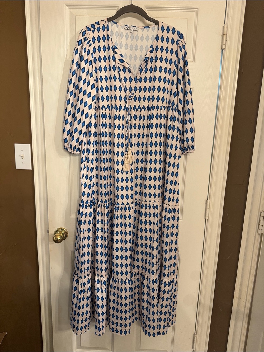 Cezele Blue Diamond Print Maxi Dress - Lightweight Tiered Design